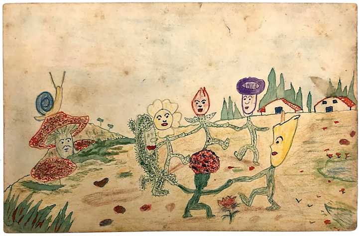 A handpainted postcard depicting a field with a group of flowers with faces and bodies dance whilst holding hands in a circle, whilst another plant watches them.