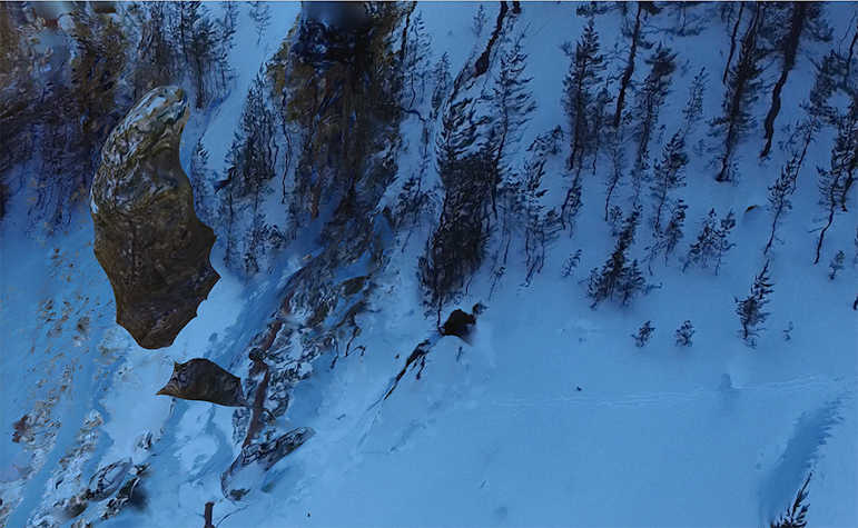 film still of ariel shot image of snow landscape with digitally distorted trees