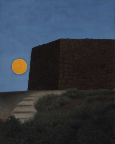 A painting showing a scene at dusk. The sun is low in the deep blue sky and illuminates the side of a brown stone wall. In the foreground is a low lying patch of grasses which fringe a short grey staircase or pathway leading up to the wall. 