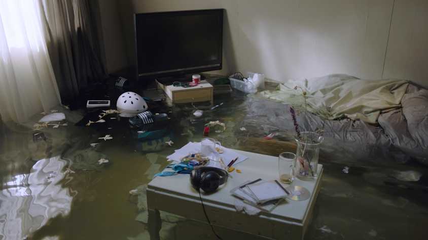 A bedroom which is partially submerged under water. Items including shoes, and a bicycle helmet float on the surface of the water. 