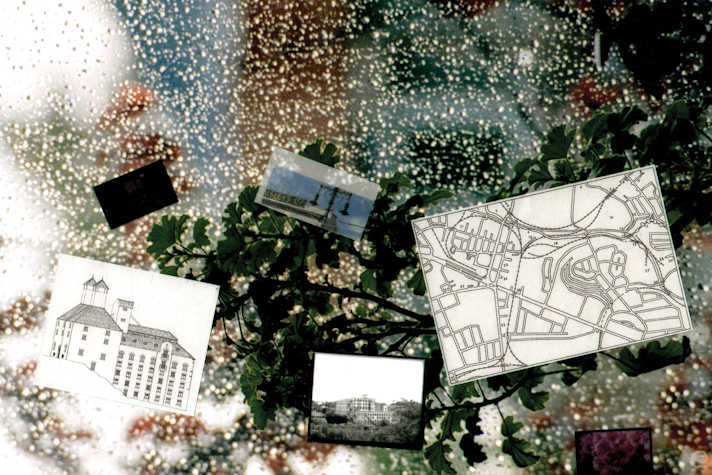 A digital collage. image in the back is raindrops on a window with blurred scenery behind. there is a small image of colour photograph of a lamppost, a drawing of a map, a drawing of a building and a black and white image of a building