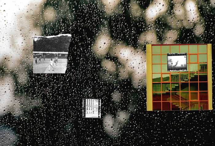 digital collage. image in the back is raindrops on a window with blurred scenery behind. there is a small image of a black and white film negative, an image of stairs through a gridded window, and torn image of people through a fence , overlayed on top.