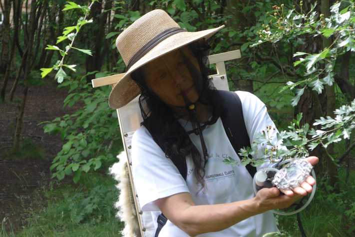 A woman waring a sunhat and insect net sits in outside in an area surrounded by trees. In her hands she holds a machine which is connected to a tube.