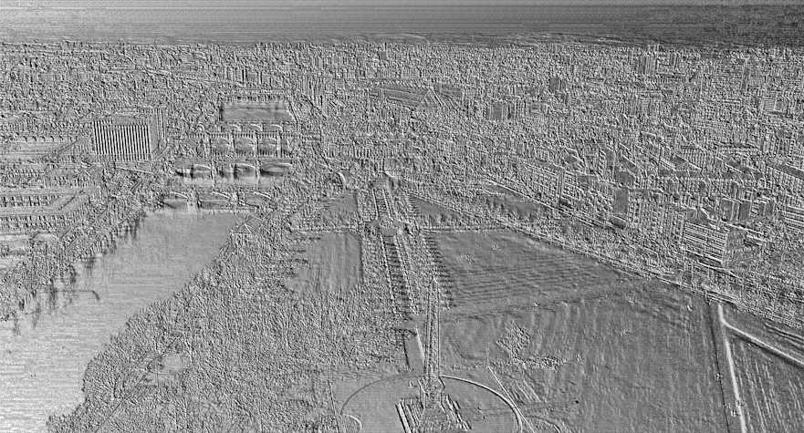 An embossed images of a cityscape.