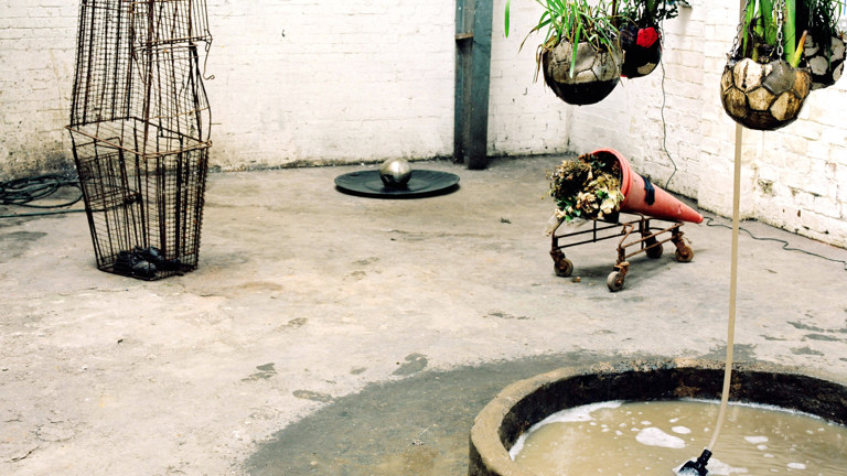 conical wire cage, traffic cone filled with plants, small pond, and hanging footballs filled with plants, arranged into an installation