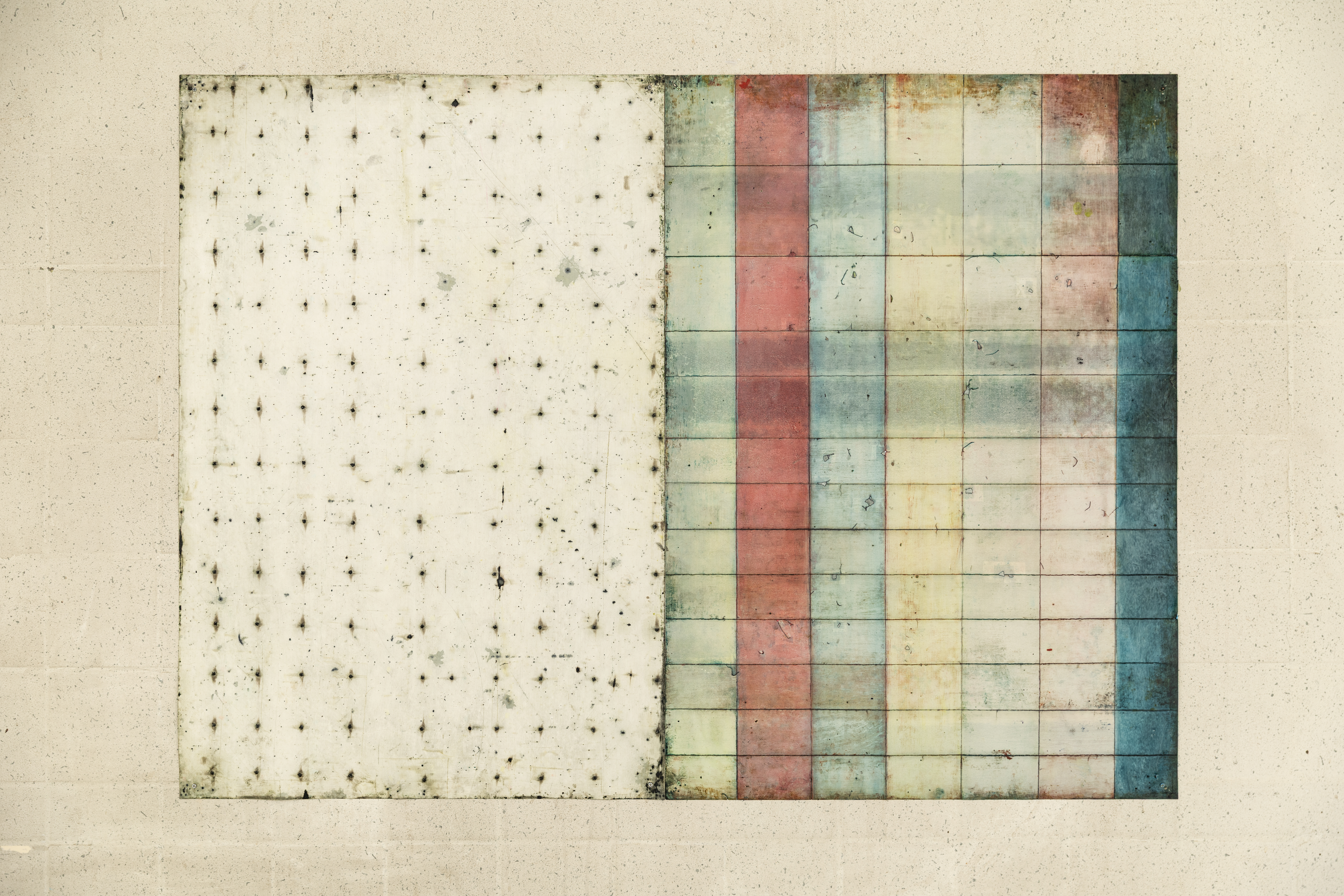 Two of Anna Paterson's oil-on-paper panel works side by side, one with a speckled white dotted surface, the other divided into coloured vertical bands including red, blue, and yellow.