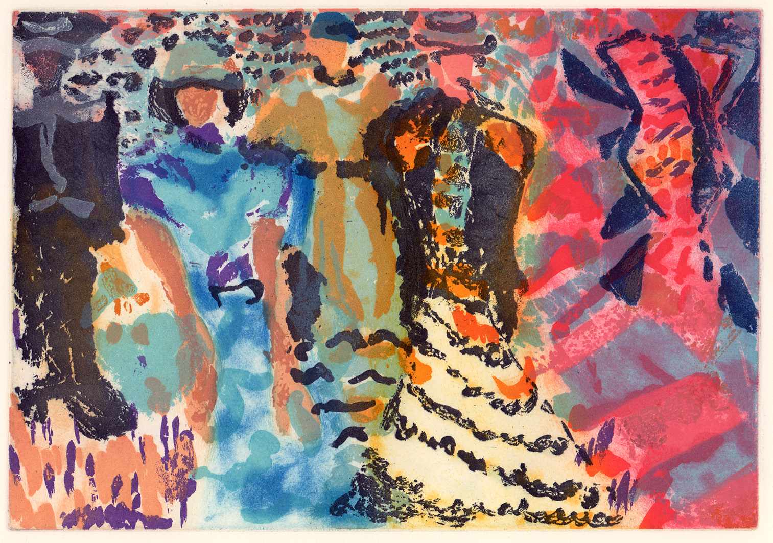 Etched composition with textured mark-making brushstrokes forming a colourful scene of elegdantly dressed people.