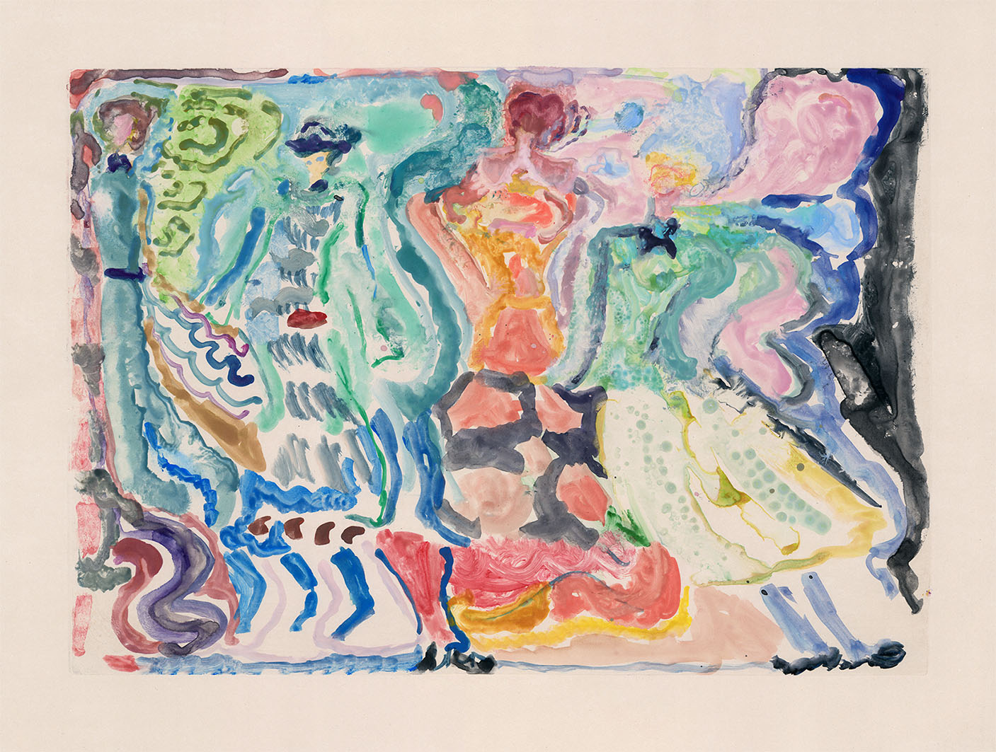 Etching with loose brushstrokes in a wide colour range depicting figures wearing hats.