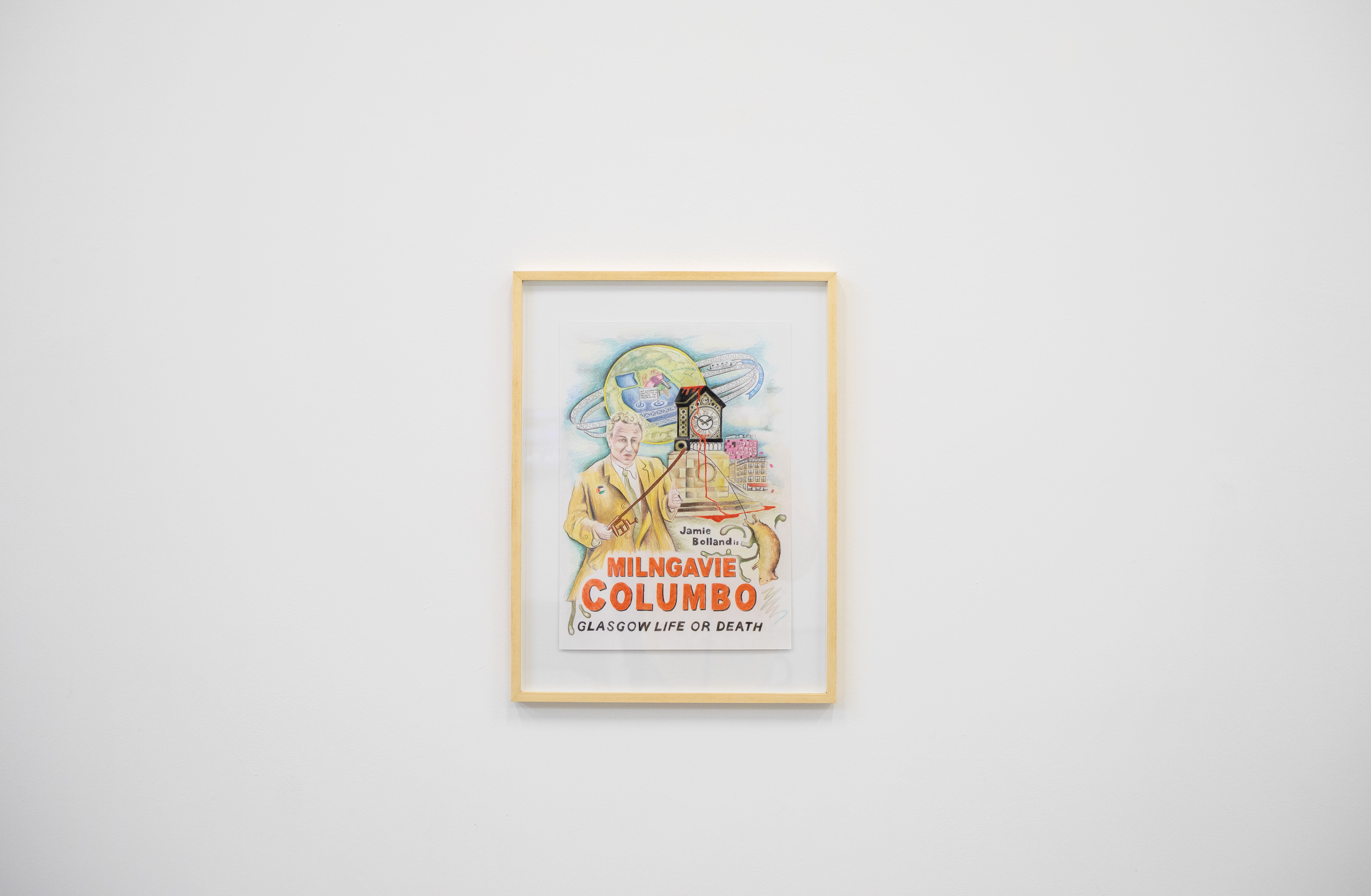 Framed illustrated artwork on a white gallery wall, styled as a spoof film poster titled "Milngavie Columbo: Glasgow Life or Death", depicting a figure in a mustard coat holding a key beside a clock tower, with the tagline "Jamie Bolland is".