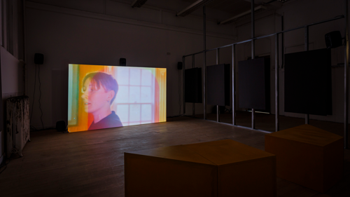 In a blacked out room, a glowing projection screen is visible. The rest of the room's architecture is not visible, apart from the illuminated edges of a metal frame wall bearing sound panels. On the screen, a still image is projected of a person's head looking off screen to the left. Behind the person a window is visible with light streaming in.  