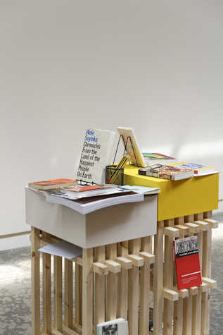 A close up photo of two wooden shelving structures with a series of books displayed on various shelves.