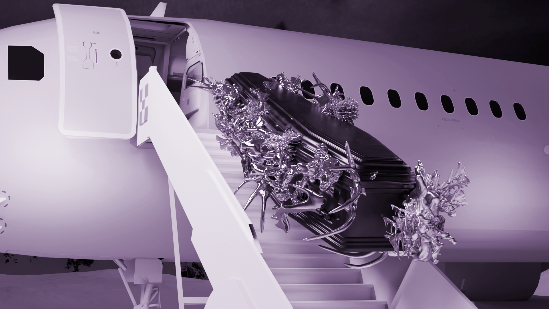 A film still showing an open airplane door with boarding stairs extended. A long black coffin-shaped object wrapped in reflective silver, organic sculptural material emerges from the aircraft. 