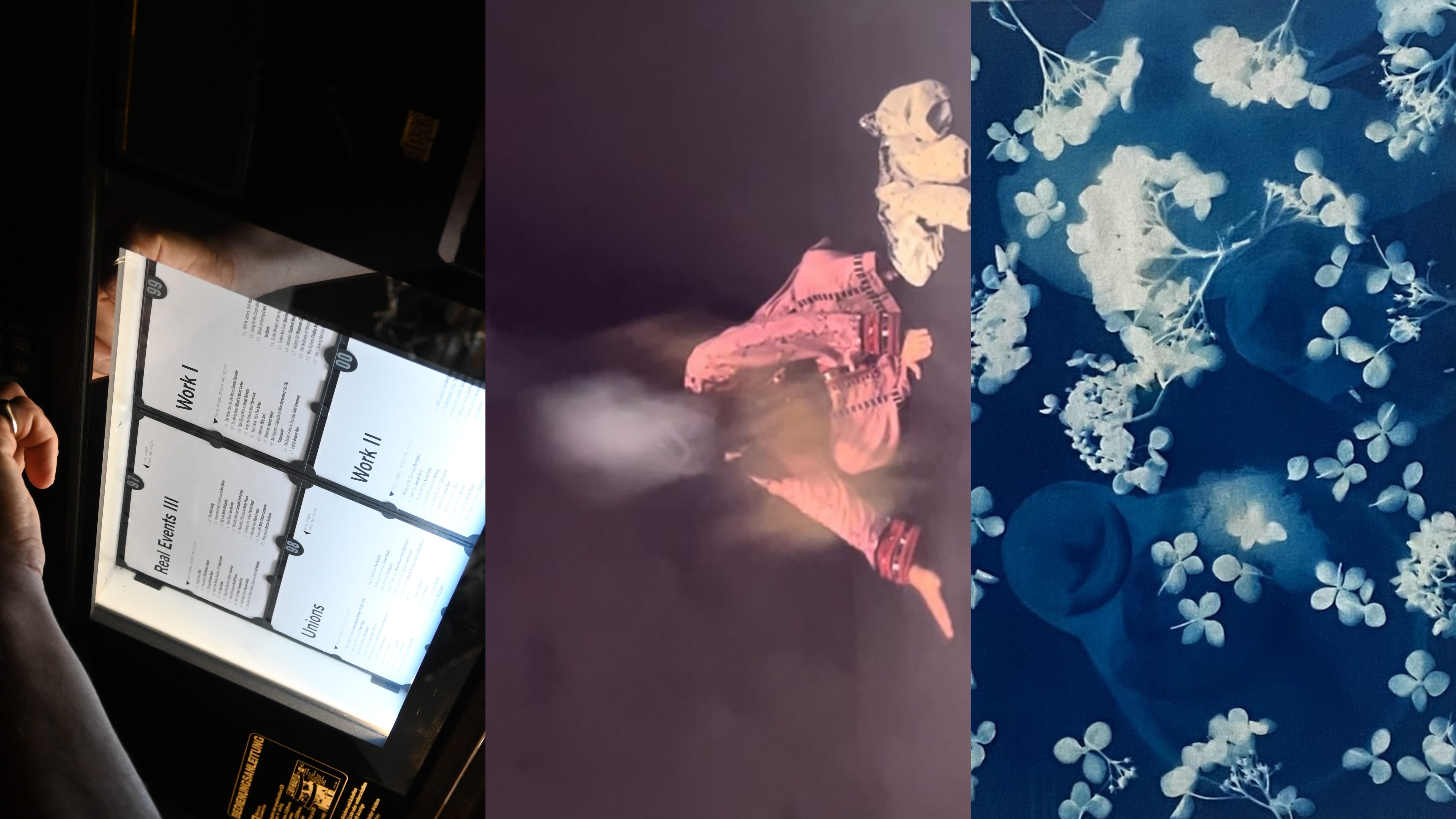 A composite of three images arranged vertically. From top to bottom: a close up of a lit jukebox screen with categories of songs listed. A hand hovers above the screen in process of selecting a track. In the middle a woman in a pink gown with decorative edges sits cross legged performing a wiping movement on a stage, her head is blurred.