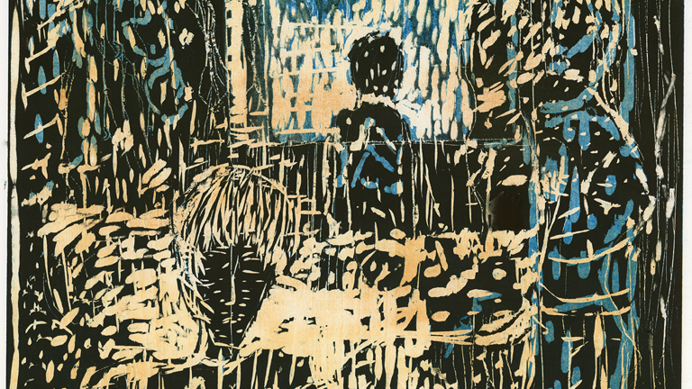 Etched composition with textured mark-making brushstrokes forming a colourful scene of elegdantly dressed people.