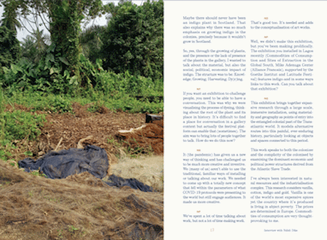 Screenshot of a two page spread of a digital publication. One page shows a photograph of three sand, navy and burnt sienna nets on the end of flat ground that meets lush verdant trees and shrubs