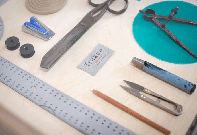 Close up view of tools and implements laid out on table