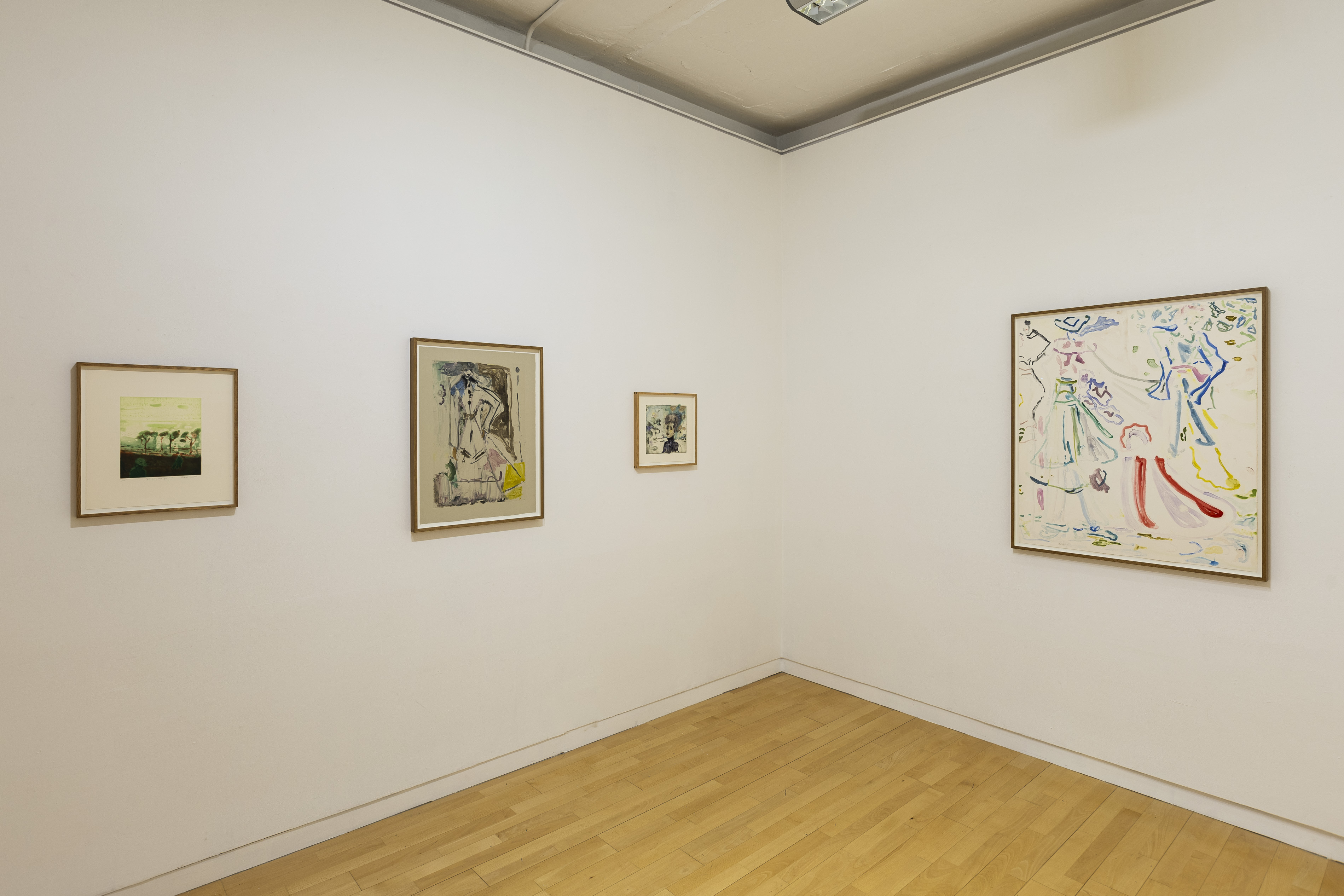 Four framed works by Andrew Cranston or Lorna Robertson hung in a gallery corner, including a small landscape, two loosely painted figures, and a larger colourful abstract watercolour.