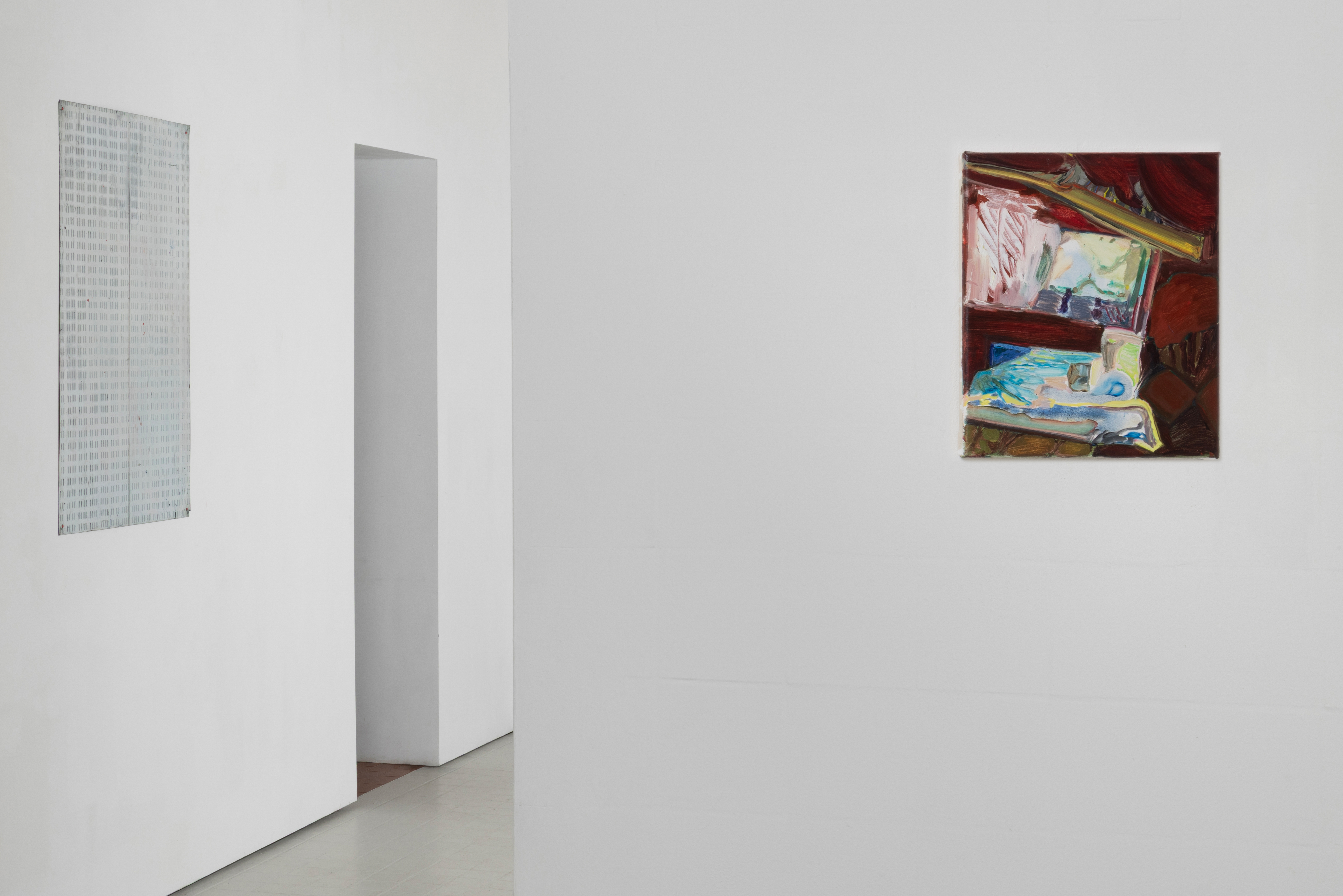 Installation view of "Daybook" showing Anna Paterson's pale striped panel work beside Amelia Barratt's small oil painting "Fusebox," depicting a warm-toned interior scene with a window and objects on a table.
