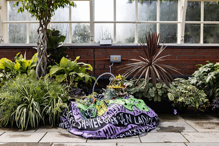 A photo of the interior of a glasshouse containing a brightly coloured art installation with purple, black and green fabric surrounding a water fountain. A variety of plants are positioned on either side of the artwork.