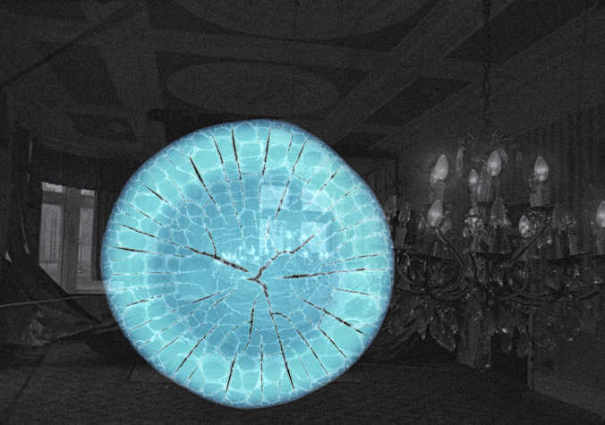 A photograph with a circular area of translucent neon blue in the centre with a black and white partially visible room interior in the background with a chandelier suspended from the ceiling on the right hand of the image.