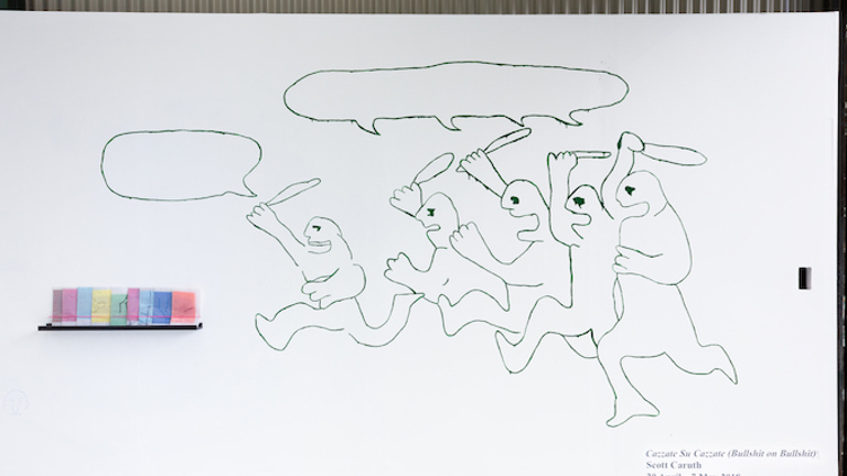 A group of drawn figures with unfilled speech bubbles trying to hammer some colorful pamphlets.