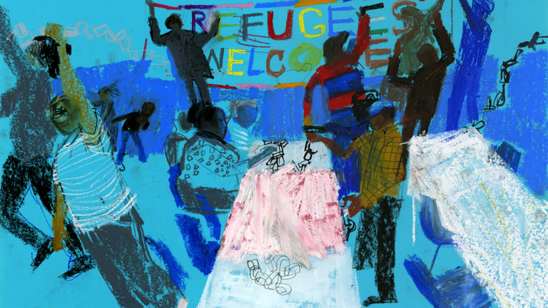  Oil pastel drawing on blue paper showing a group of people putting up a multicoloured banner reading "REFUGEES WELCOME," while others assemble paper chains around long tables. 