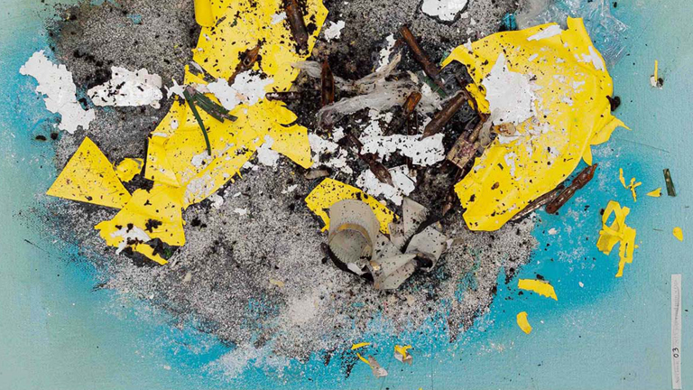 Abstract image with a blue background and yellow shapes 