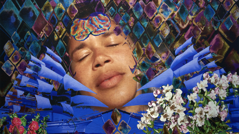 A collaged photograph, in the centre is a woman with her eyes closed, she appears tranquil. Surrounding her is varied shapes, colours, and flowers. 