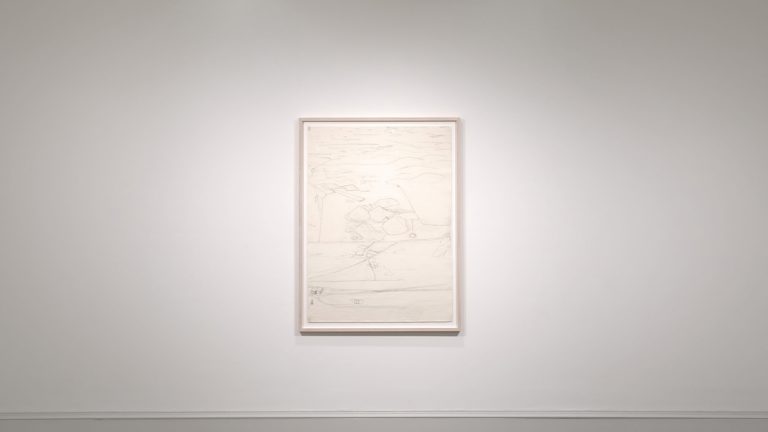 a pencil drawing of an aerial view of a landscape hangs, framed, on the white wall of a gallery