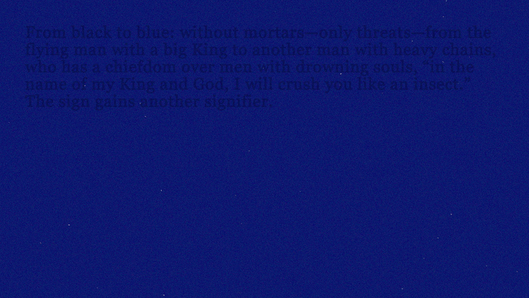  A marine-blue textured rectangualr block with darker text. The text describes children danding on dusty ground surrouneded by fire while outside forces affect thier bodies. 