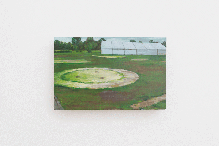 painting of a green field with a large marquee in the background, oil on board
