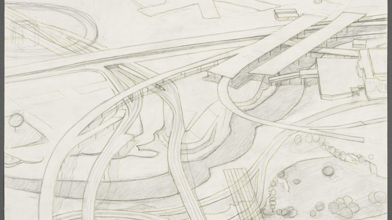 A pencil line drawing of a motorway road over a countryside