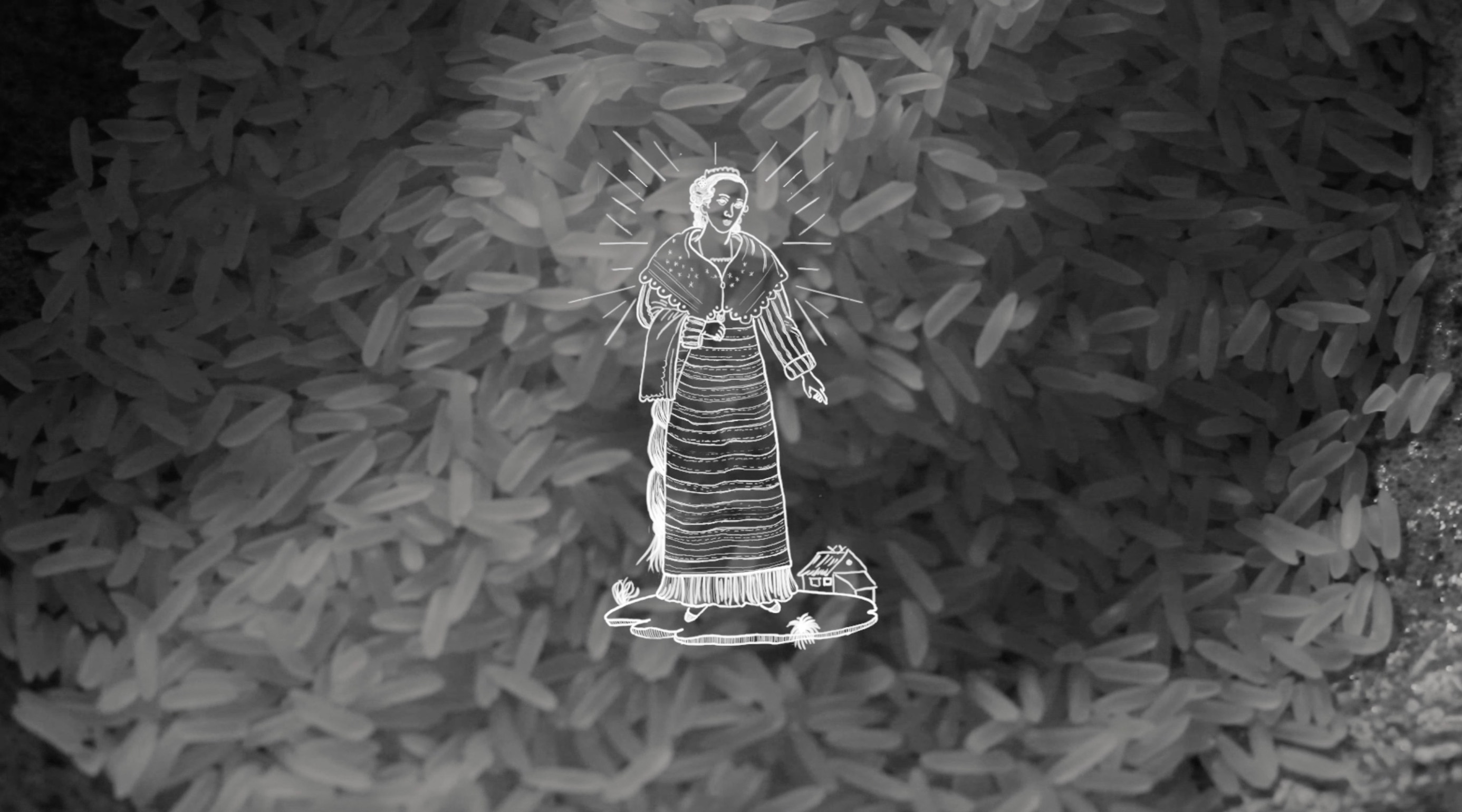 A white line drawing of a standing woman placed over a black-and-white image of grains of rice.
