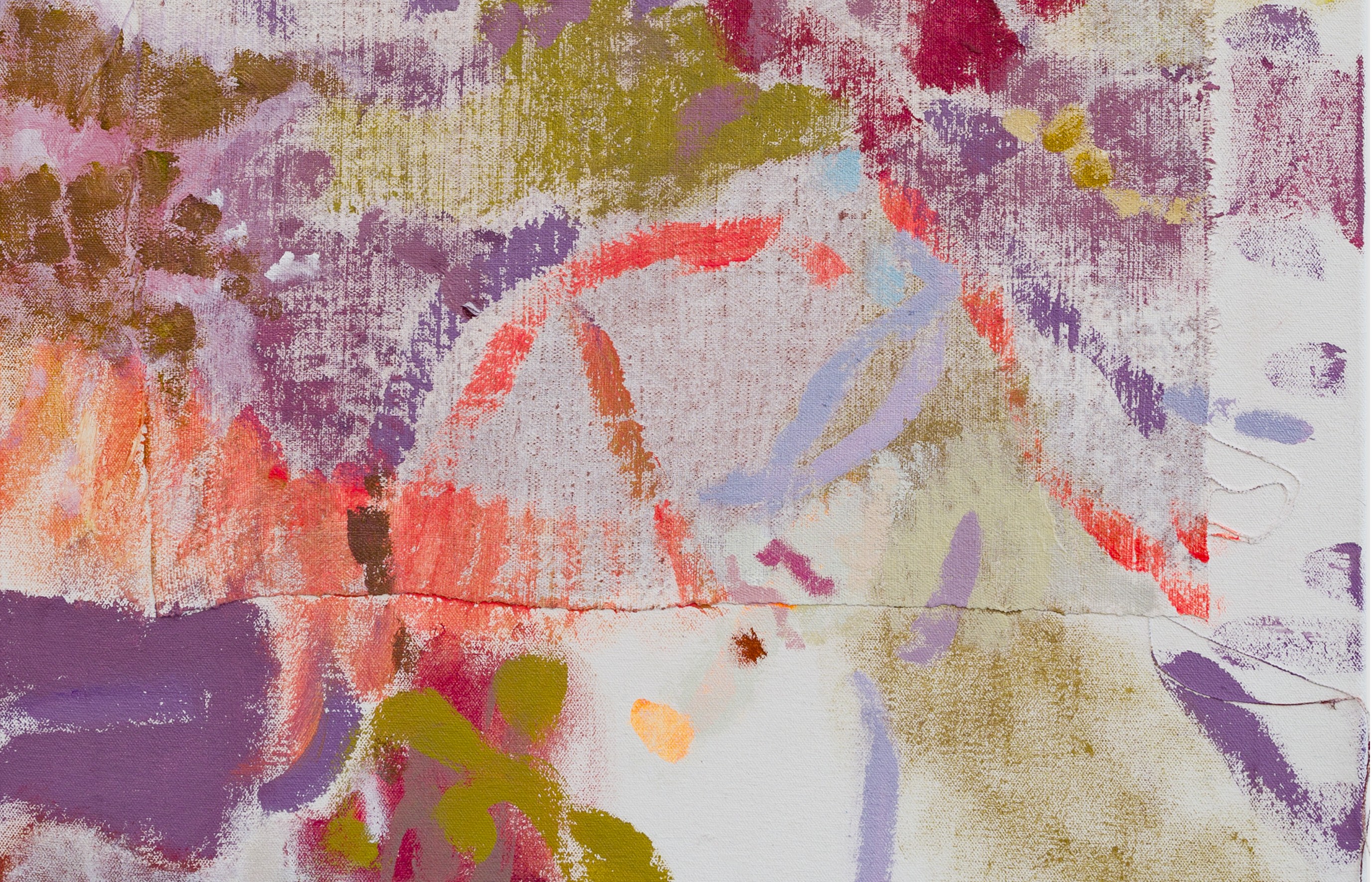 An abstract oil and acrylic collage on canvas. Colours mostly consist of purples, organes, greens and whites. 