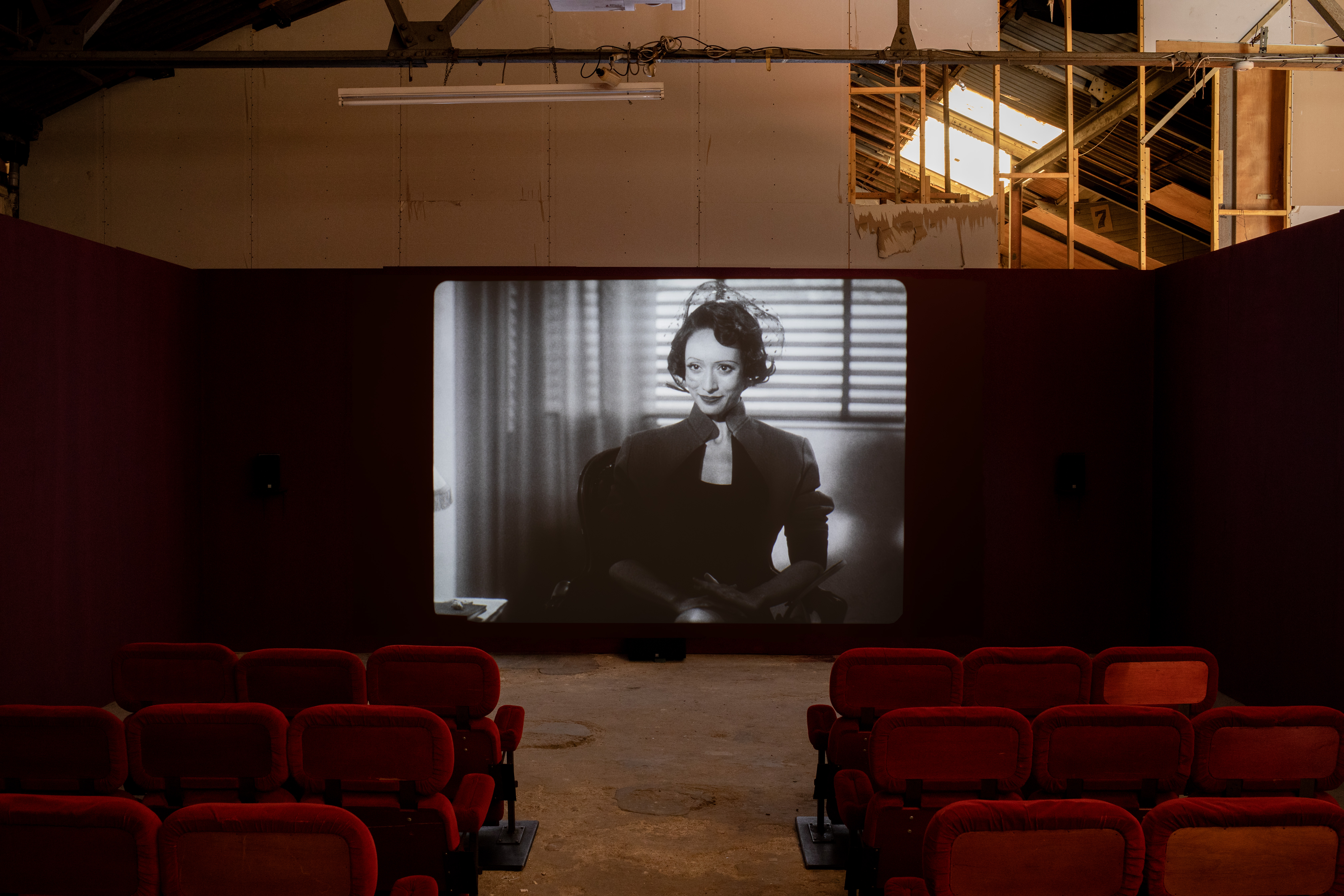 Small screening room with red cinema seats facing a black-and-white film projection.