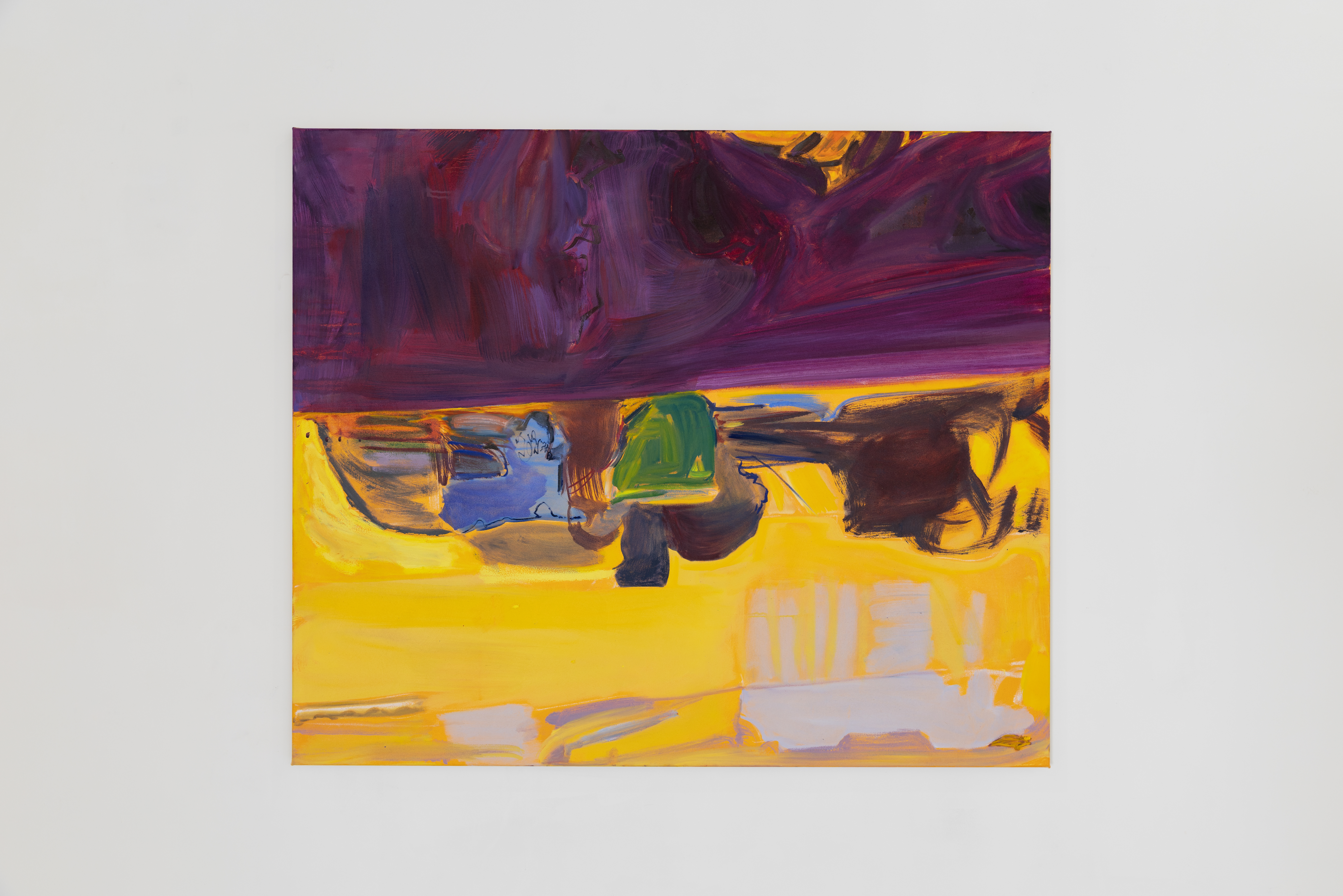 Amelia Barratt's "Canal," an oil painting with a deep purple sky over a golden yellow ground, with loosely rendered forms in blue, green, and white.