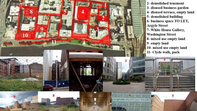 map with red overlay showing buildings. beneath are images of each of the buildings with a key on the right hand side to the buildings/locations