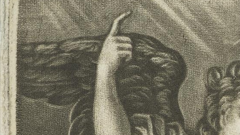 A sepia-tones illustrated image showing the hand of an angel piointing upwards. In the background is feathered wings and light rays. 