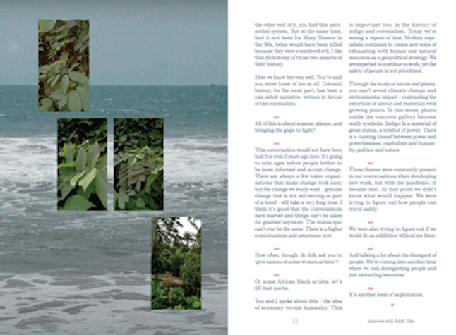 Screenshot of a two page spread of a digital publication. One page shows a photograph of the sea overlaid with four smaller photographs of leaves. The other page shows blue text on a white background