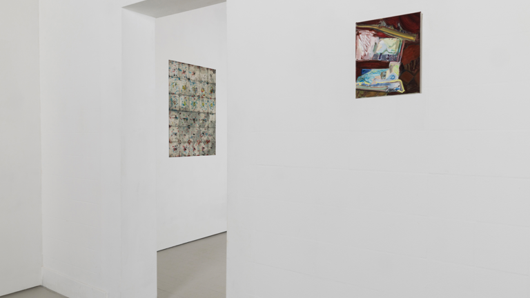 Installation view of "Daybook," showing Anna Paterson's speckled panel work through a doorway alongside Amelia Barratt's small interior painting on the facing wall.