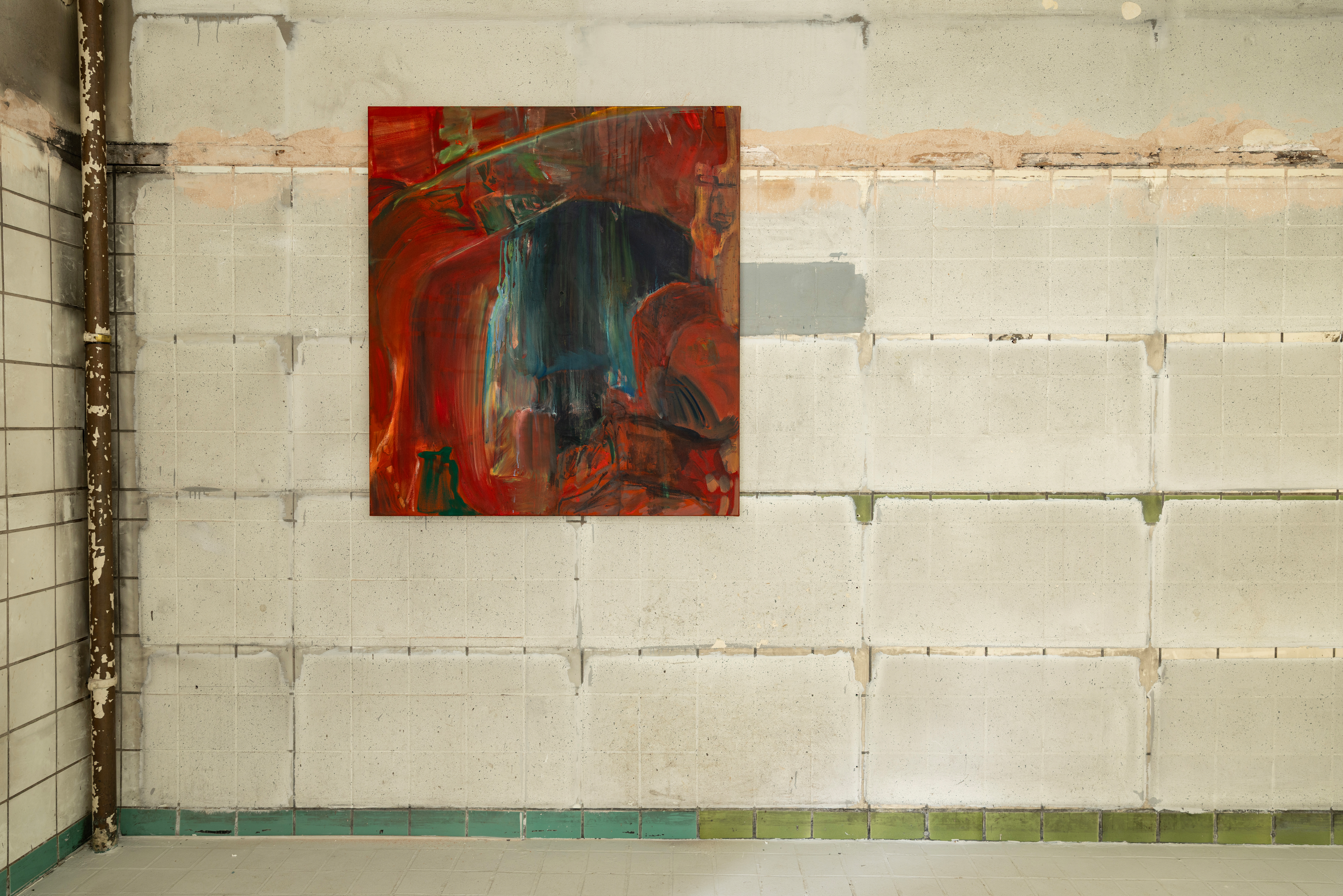 Amelia Barratt's "Subway," an oil painting in deep red and teal tones with gestural brushwork, hung on a weathered tiled wall.