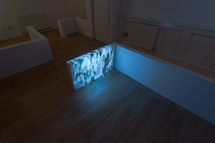 An installation view of a dark gallery with partition walls and a bright light shining on one of them in the middle