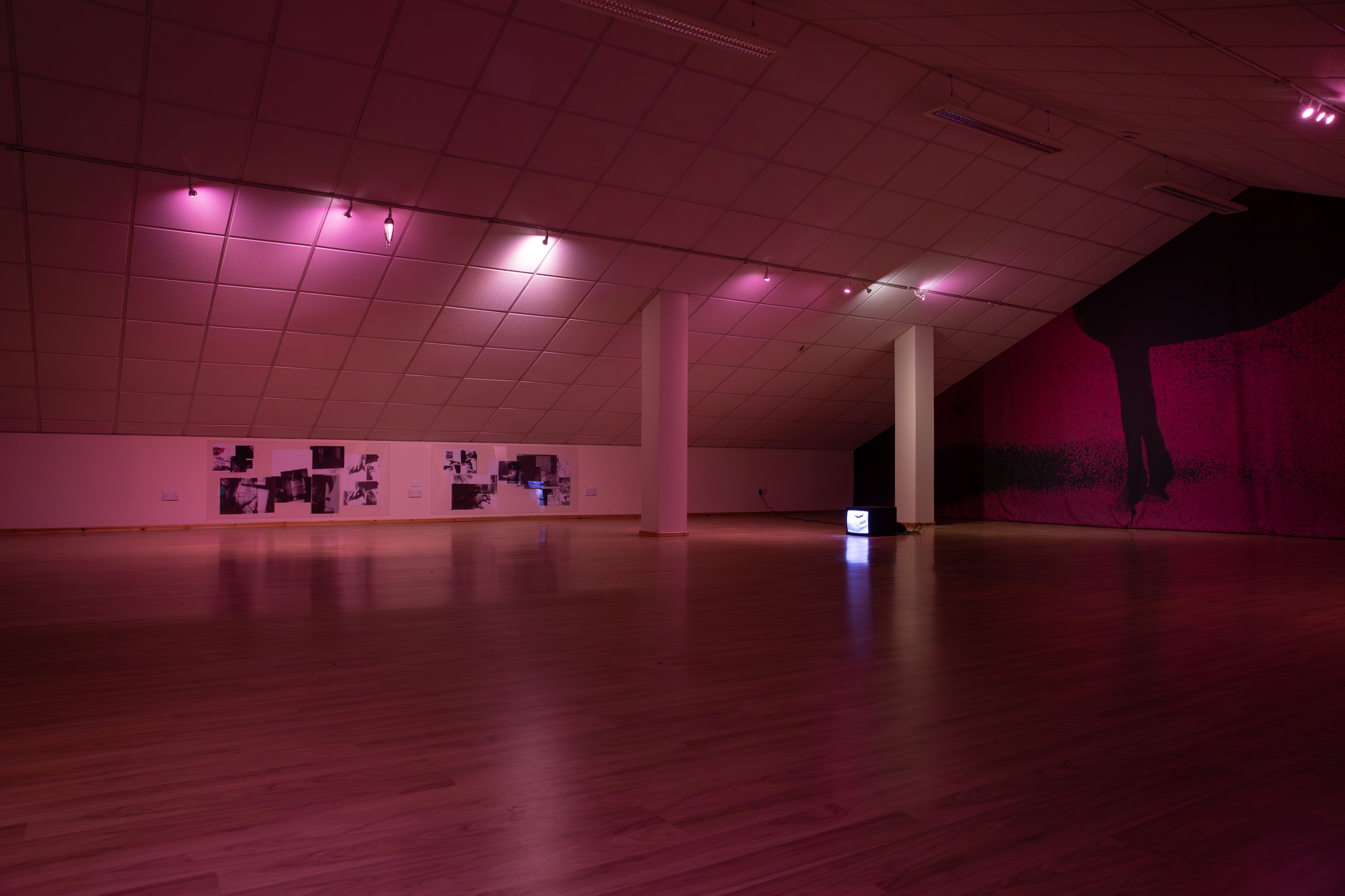 A dimly lit attic gallery space at Gulabi Gallery with a small CRT monitor glowing on the floor, black and white photo collages on the left wall, and part of a large printed horse silhouette visible on the right.