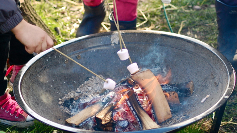  Hands roasting marshmallows over a steel fire pit