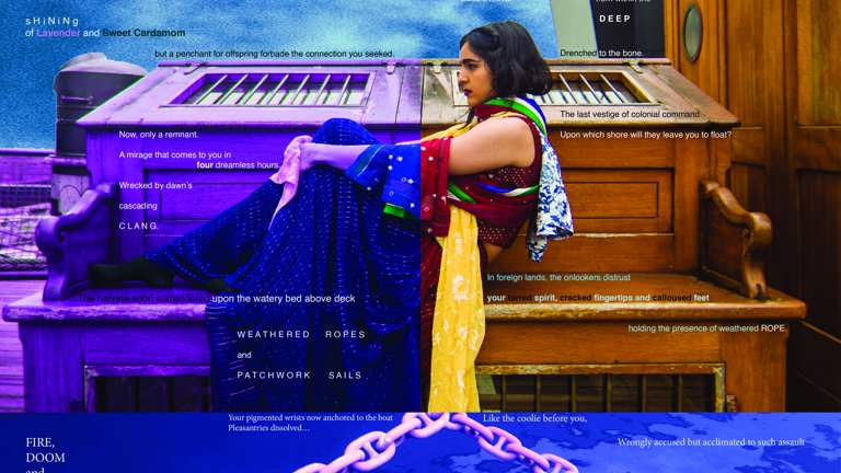 Collage image showing a contemplative woman seated on the wooden deck of a boat. The composition is split-toned in purple and gold and overlaid with poetic text, with a heavy chain stretched across dark water, evoking themes of memory, migration, and resilience. 