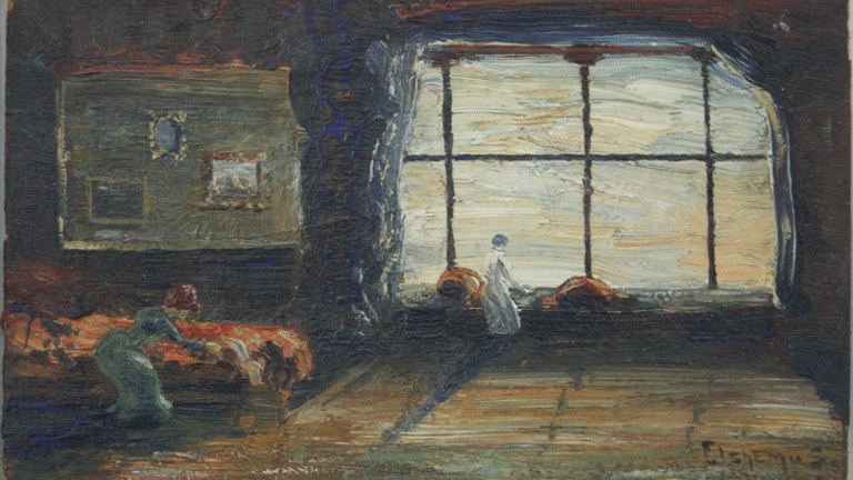 Oil on board. Interior of a room with two figures in it