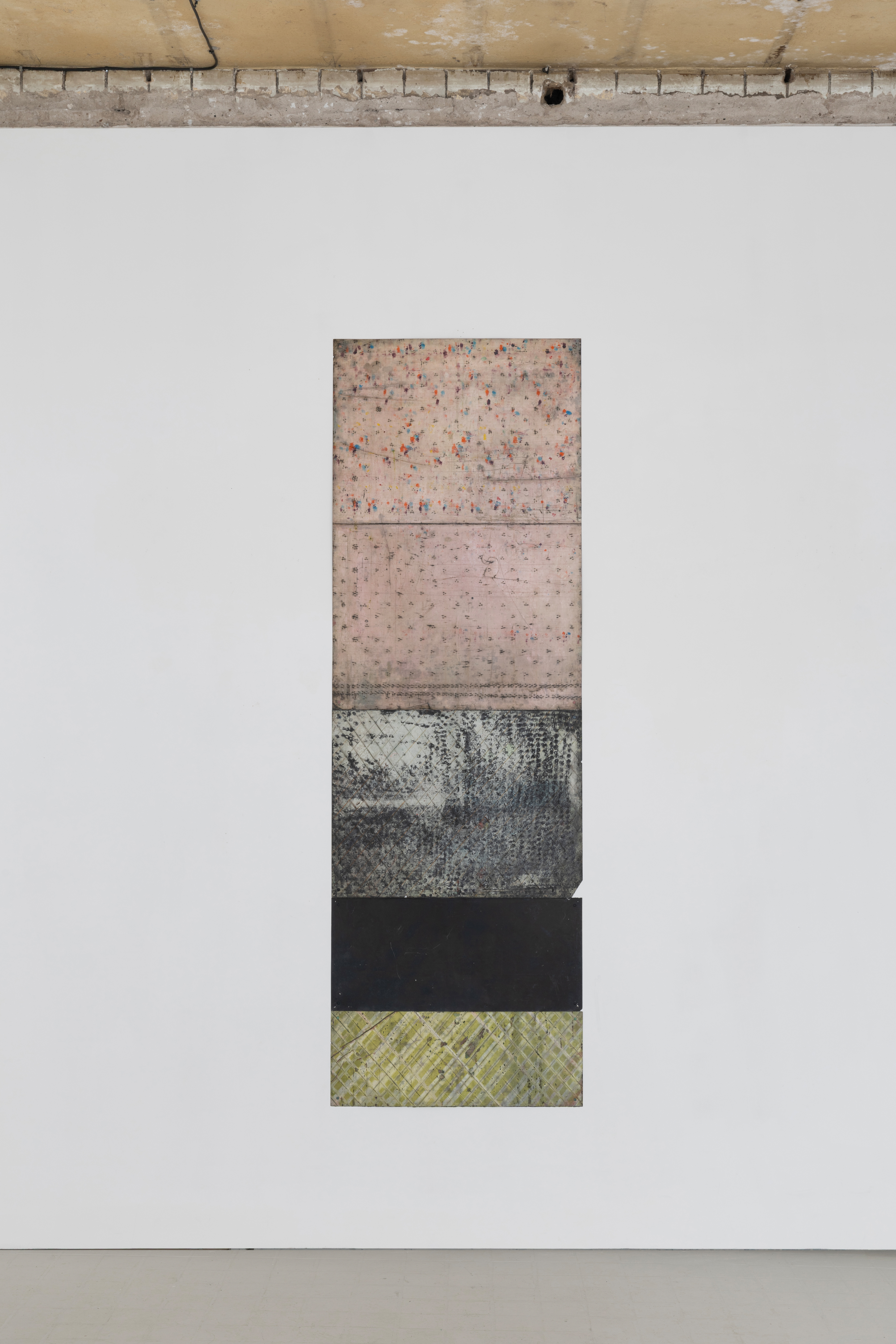Anna Paterson's "Pressure," a tall panel work in oil on paper with pins, divided into bands of pink, speckled grey, black, and yellow-green patterning.