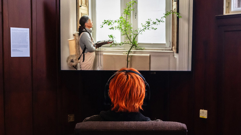 The back of a person sitting on a chair watching a film on a screen, in a dark panelled room. The still on screen is a woman standing in a well lit room with a object fixed to her arm, standing in front of a tree.