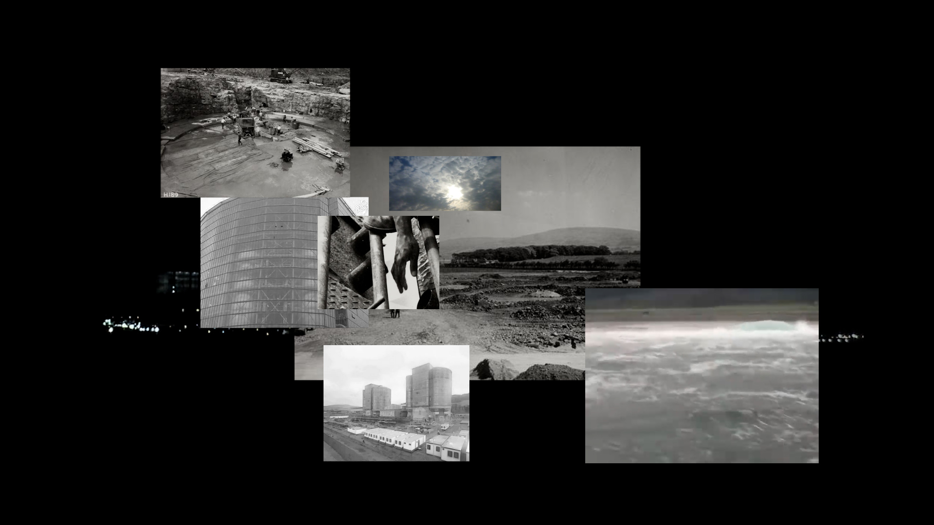 Collage on a black background bombing black-and-white and muted colour images of industrial buildings, hands gripping metal railings, a distant shoreline, and water surfaces arranges horizontally.