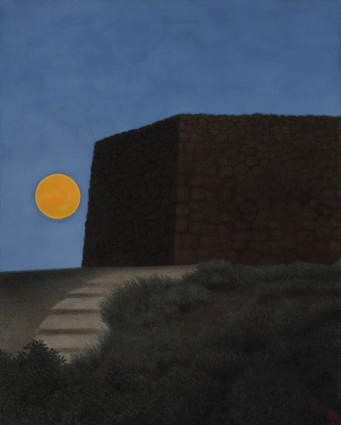 A painting showing a scene at dusk. The sun is low in the deep blue sky and illuminates the side of a brown stone wall. In the foreground is a low lying patch of grasses which fringe a short grey staircase or pathway leading up to the wall.